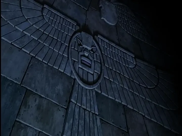 HD, high resolution, realism of a huge wall, with wings carved and to gods face to face at tome. Dark material.
