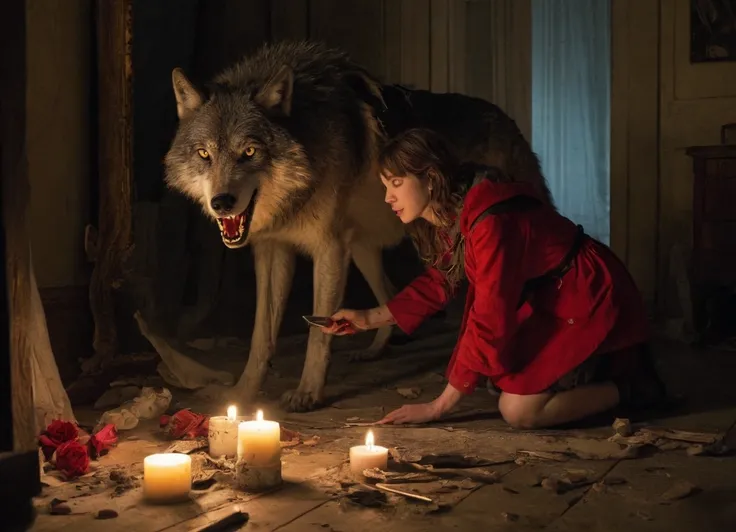 Red Riding Hood leans into the mirror, eyes wide with a mix of shock and unexpected, instinctual excitement as she examines her newly sharp, wolf-like teeth. The moonlight streaming through an open window casts the room in a silvery glow, illuminating the ...