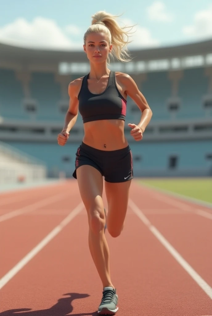 Young woman with tied blond hair and sportswear running on an athletic track in realistic style, side view,  correct anatomy