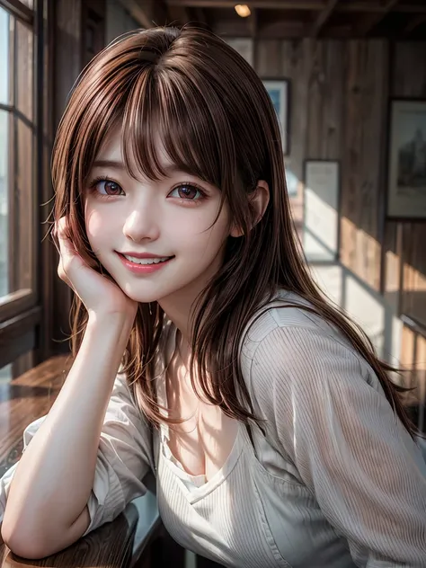 Ultra-high resolution CG Unity 8K wallpaper, Beautiful paintings, ((Brown Hair、Girly Hair:1.5)), ((Red eyes、Droopy eyes:1.3)), ((smile:1.4)), ((Image Processing Algorithms:1.5)),  high pixel density in front of the copier、 Beautiful and Sophisticated Eyes ...