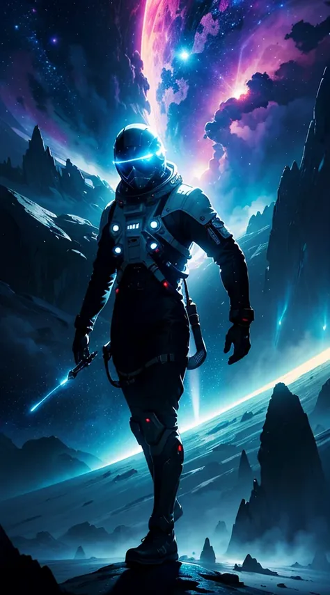 cosmic horror, hypercinematic artwork of a  astronaut on a strange planet, dramatic colors, berautiful lighting, extreme shading, epic, breathtaking, rays of light, misteryous, badass, cosmic, stardust wind, a strange landscape, depth, great composition,su...