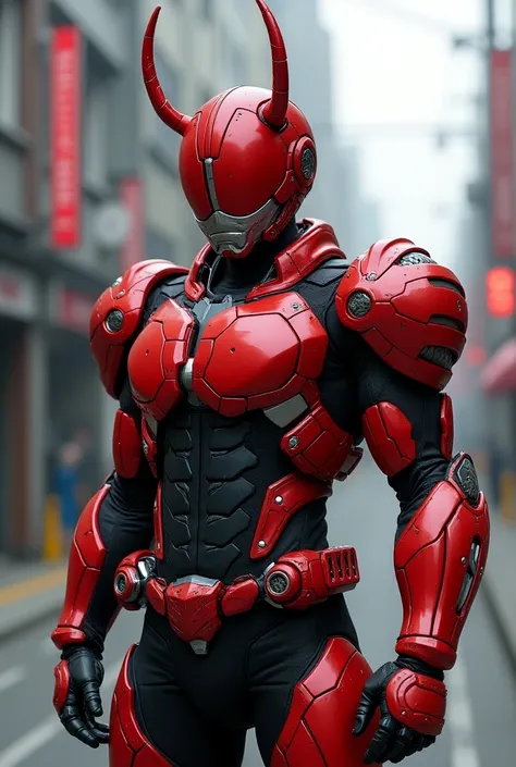 Japanese Kamen Rider Kuka Toku is a high-tech design with a basic red color, a beetle horn on both sides, a power belt at the waist, and a full-body image request.