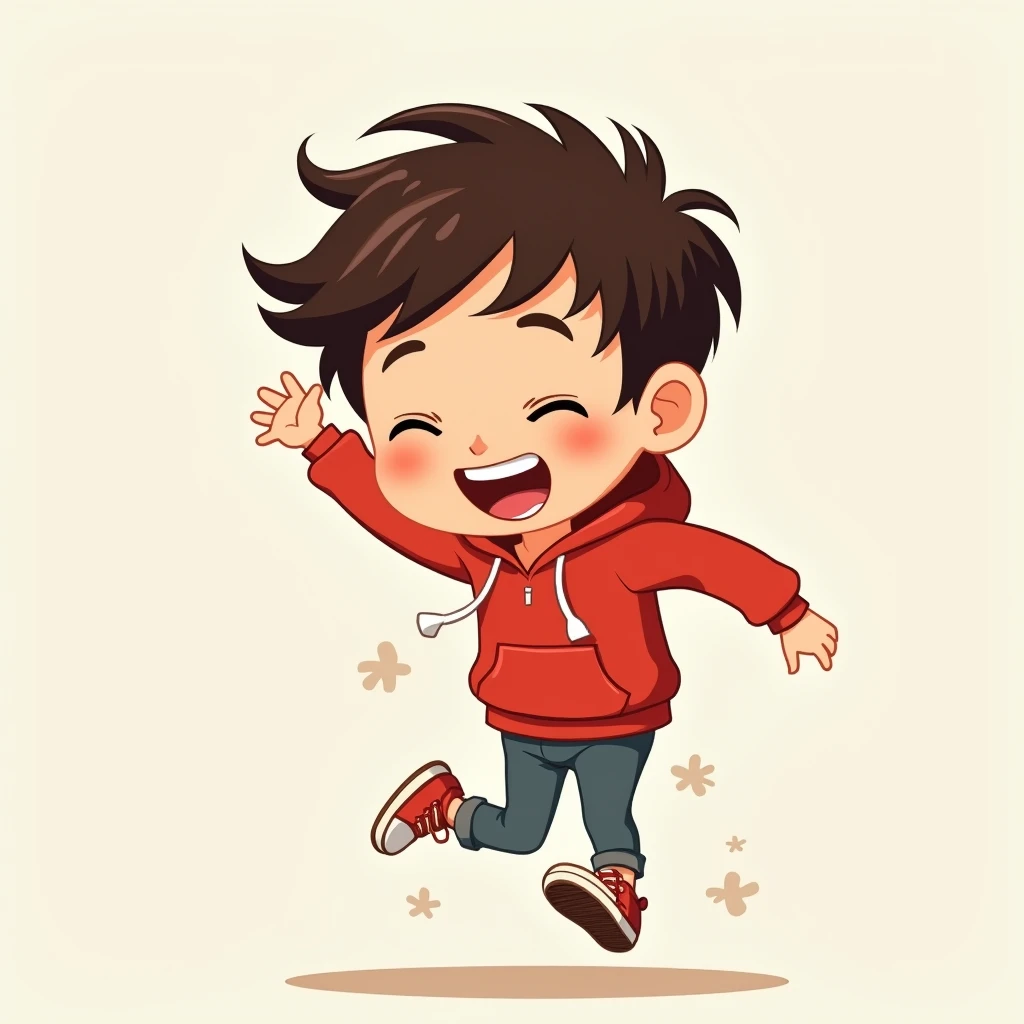 asian naughty brown ivy league hair  red hoodie running and laughing in 2d cartoon