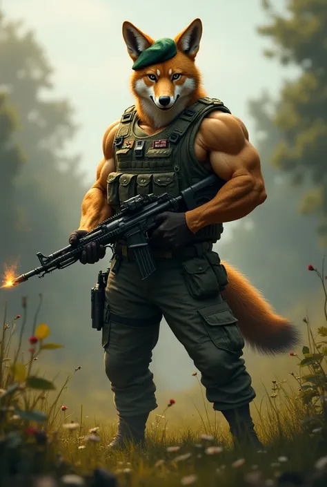 Muscular beige jackal wearing a military vest and a green beret smoking a cigarette and a rifle on a very angry lawn