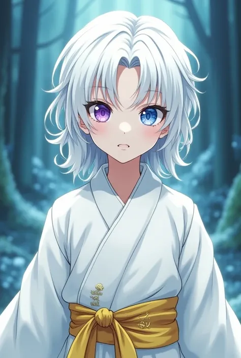 a boy with pale white skin, and shoulder-lenght snow-white hair, with heterochromia eyes one purple eye and one blue eye, wearing a white kimono, with a golden yellow waistband, that has the symbols of the elements fire, water, earth, and air (anime art st...