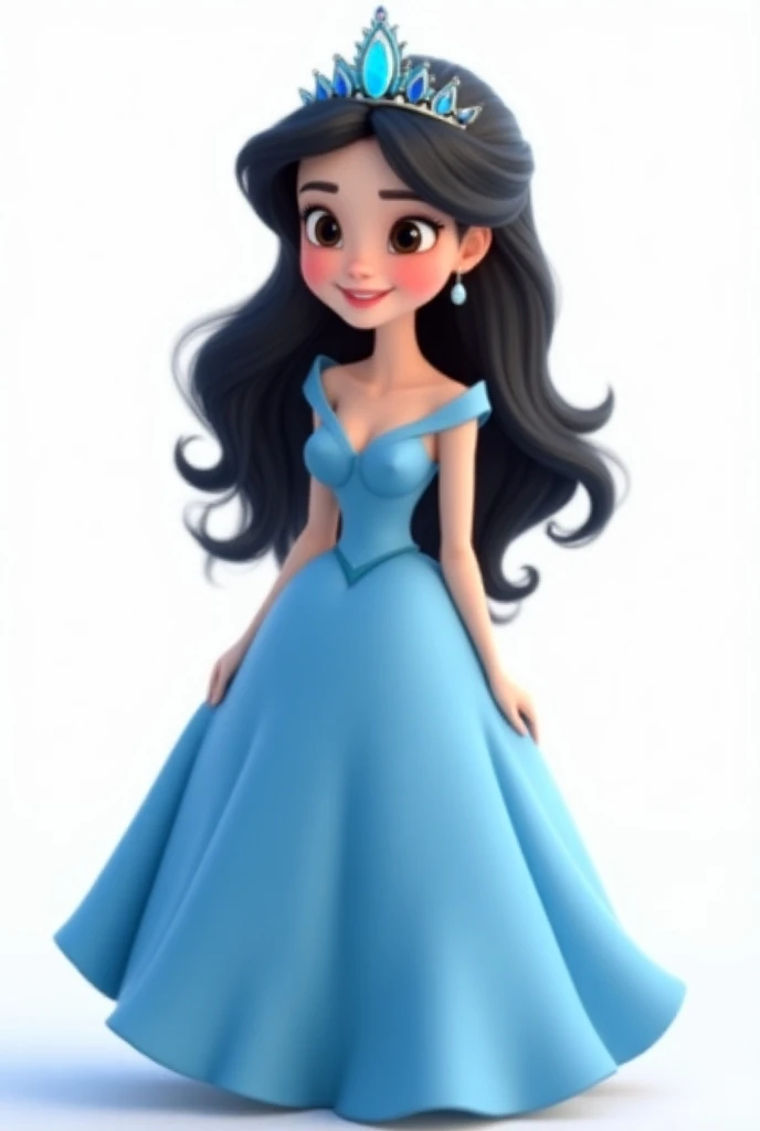 Create a white  princess with long black loose hair,Dressed in blue bb ,  round skirt and a beautiful blue tiara on her head , she has a beautiful smile , she is looking at the camera ,  Disney Pixar style 3 D  ,  rendered on a white background and in high...