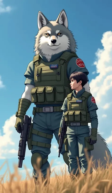 A large anthropomorphic Japanese wolf ,  in a powerful position next to a normal-sized human soldier .  The wolf is wearing a military uniform with a tactical vest and confidently holding a gun. Its coat is gray and white ,  with an attentive and determine...