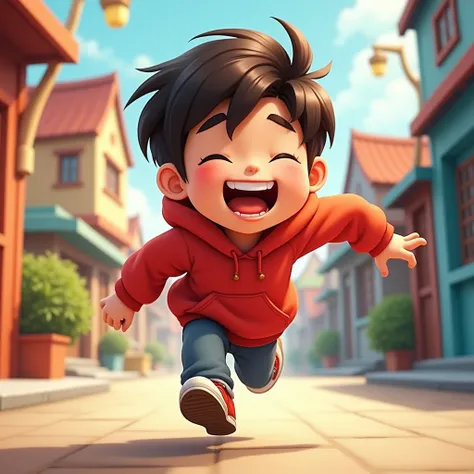 asian naughty brown short hair  red hoodie running and laughing in 2d cartoon