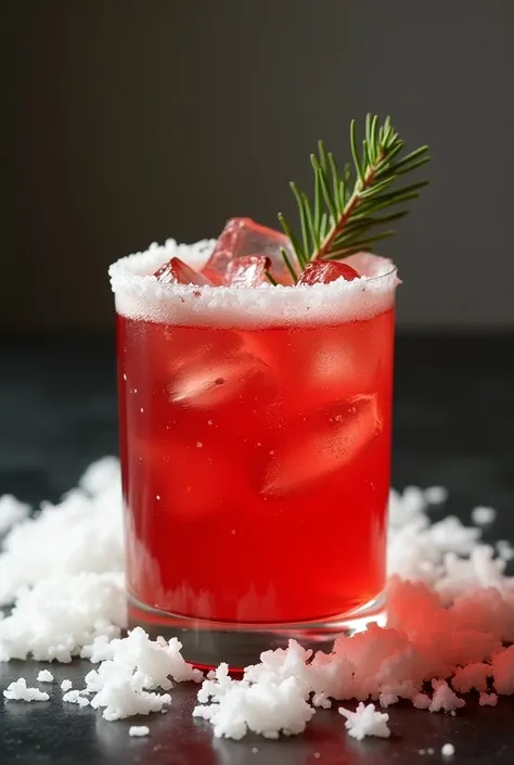 Professional realistic image of a red alcoholic cocktail in a high-rise rocks glass. White coconut shavings are glued to the edges of the glass, there is a lot of ice in the glass and a small sprig of pine needles sticks out of the glass.