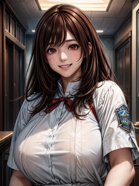 Ultra-high resolution CG Unity 8K wallpaper, Beautiful paintings, ((Brown Hair、Girly Hair:1.5)), ((Red eyes、Droopy eyes:1.3)), ((smile:1.4)), ((Image Processing Algorithms:1.5)),  high pixel density in front of the copier、 Beautiful and Sophisticated Eyes ...