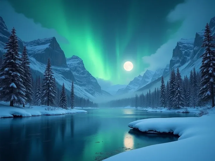 
Create a serene winter landscape featuring a calm, frozen lake surrounded by snow-covered pine trees under the moonlight. The sky should showcase vibrant green auroras dancing above rugged, snowy mountains, illuminating the peaceful, icy scene. The atmosp...