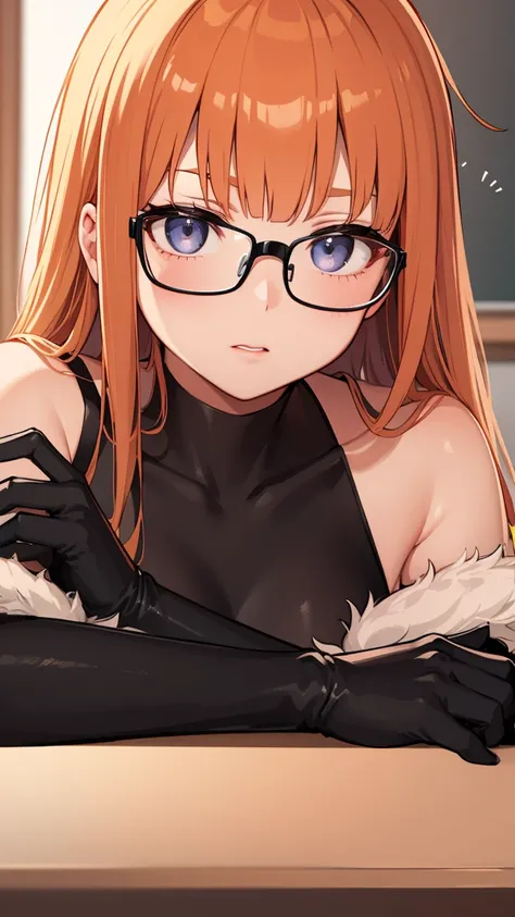 futabasakura, Sakura,  orange hair, Glasses, Long Hair, ( purple eyes:1.1), Ahoge,
break ( black gloves ,   evening dress ,  Fur Trim,  dress,  comments,  high contrast:1.2),
break folds hands behind head,
break indoors, classroom,
break (masterpiece:1.2),...