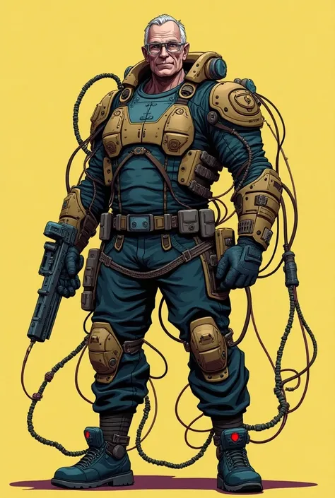 Comic book style full body render (retro cyberpunk) anime, a man in his 50s (cyborg:1.3)  , cyberpunk, cyberpunk art, cyber (a lot of wires and a lot of small parts:1.4) (Xenotrip:1.5) . Professional, modern, product-focused, commercial, eye-catching, high...