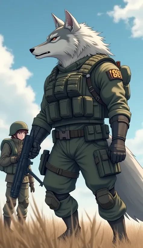 A large anthropomorphic gray and white wolf ,  in a powerful position next to a normal-sized human japan soldier .  The wolf is wearing military uniform with a tactical vest and confidently holding a gun. Its coat is gray and white ,  with an attentive and...