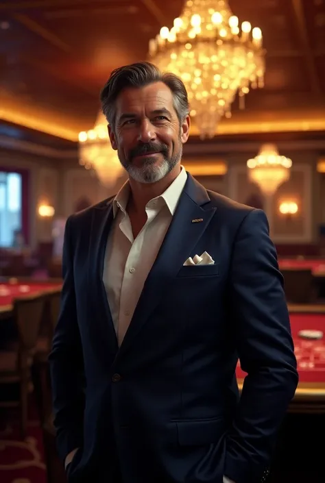 I want to  create a wallpaper or template for my casino poster which name is James sweeps. The casino owner has beard in his face  approximately 35years old.