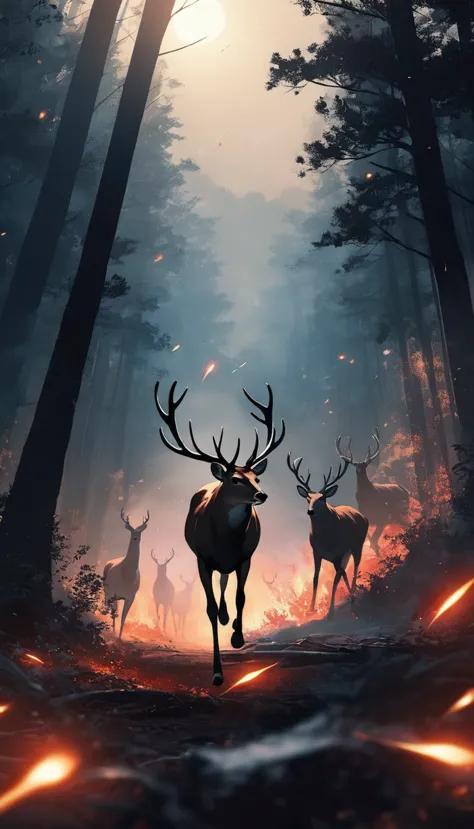 score_9, score_8_up, score_7_up, score_6_up, low angle, anime, no human, a deer, running, forest, night, forest on fire, smokey environment, blurry, ember, flare, fire sparks, moonlight