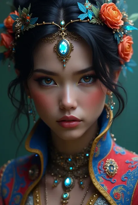 A stunning, hyperrealistic portrait of a beautiful woman, adorned in intricately detailed, colorful attire with iridescent fabrics, ornate patterns, and metallic accents, complemented by futuristic jewellery featuring glowing gemstones and neon-lit circuit...