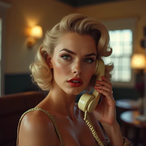 Stunning blonde in vintage 1950s attire as a telephone operator, sexy pose.