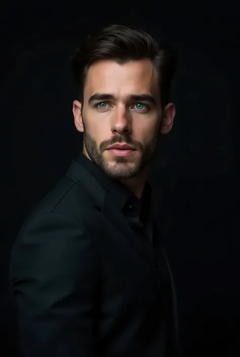 A 28 year old man,handsome sexy and
 beautiful ,. cabello oscuro,  deep blue eyes,  pink lips ,with little beard , in a dark suit