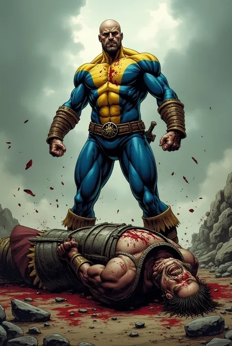 {
  "prompt": "A scene depicting Invincible, the superhero character from Robert Kirkmans series, after an intense battle. Invincible, wearing his iconic blue and yellow superhero costume, stands victorious. His suit is torn and bloodied, and his face show...