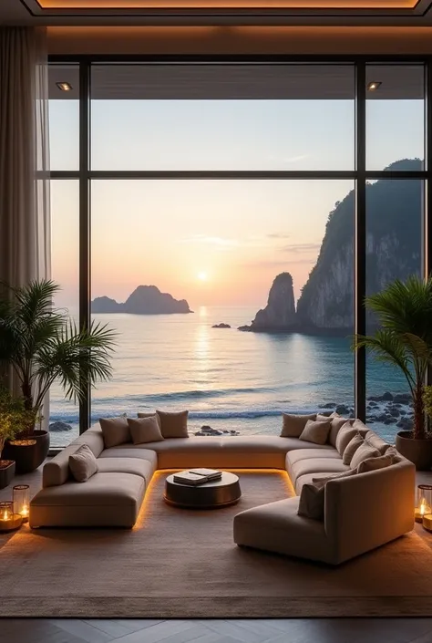 Je veux une photo de mon GRAND salon, GRANDES baies vitrées vue sur la mer et des paysages dIle asiatique. Mon salon doit être luxueux. Jaime les jolies pièces en argent et or. Jaime les grands canapés moelleux, je suis grande donc je dois mallonger dans l...