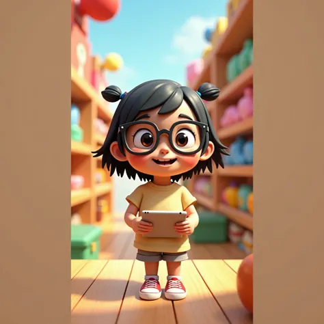 
3D cartoon character, a one year old girl, feminine black hair, pointing a tablet in her hand, she wears glasses, white shirt, she is in a toy store sitting at a table