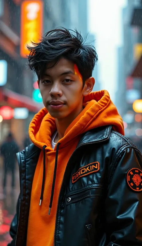 portrait of a handsome teenager with an Indonesian face, Korean hairstyle, black hair, wearing a futuristic cyber punk hoodie costume wrapped in black and orange with a cool pose looking at the camera. futuristic cyberpunk city background with orange light...