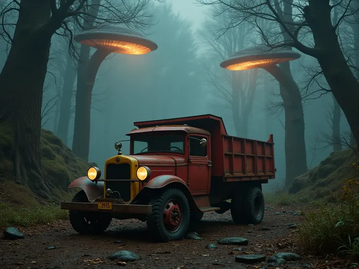 IMG_7721.CR2: (1930s Wyandotte dump truck), ((vintage red and yellow metal)), (weathered and rusty), ((ultra-detailed, 8k quality)), (top quality), (best composition), (high resolution), positioned in a dark, surreal forest where (eerie sci-fi lights) glow...