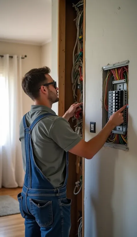  An electrician is in a living room or old electrical installations,  replacing wiring and updating the distribution panel .  The wall is partially open to show the exchange of wires and cables . next to,  there is a new distribution board installed ,  wit...