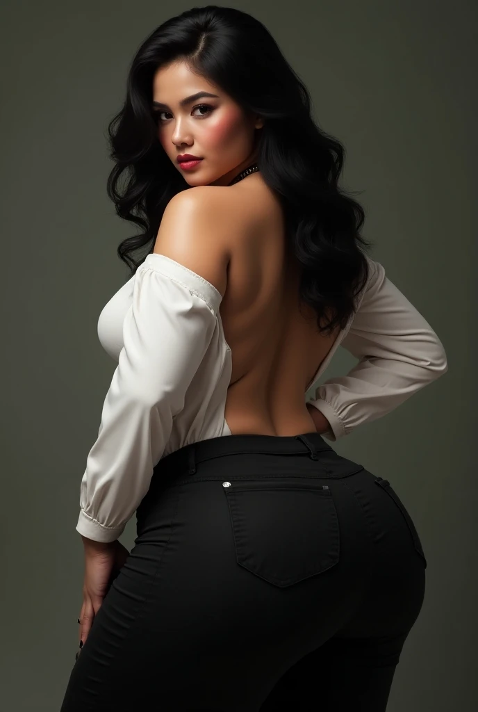 Not so skinny Latina woman, large and black hair, very massive big ass, leggings, black trousers, big , blusa blanca abierta, atrevida, sexy