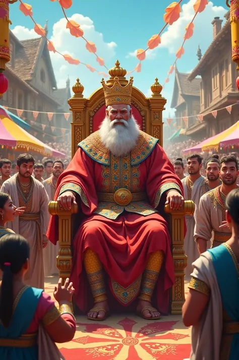 Image Prompt: A festive village scene with people in colorful attire celebrating a festival. A king sits on a throne, giving orders, while some villagers look worried.
