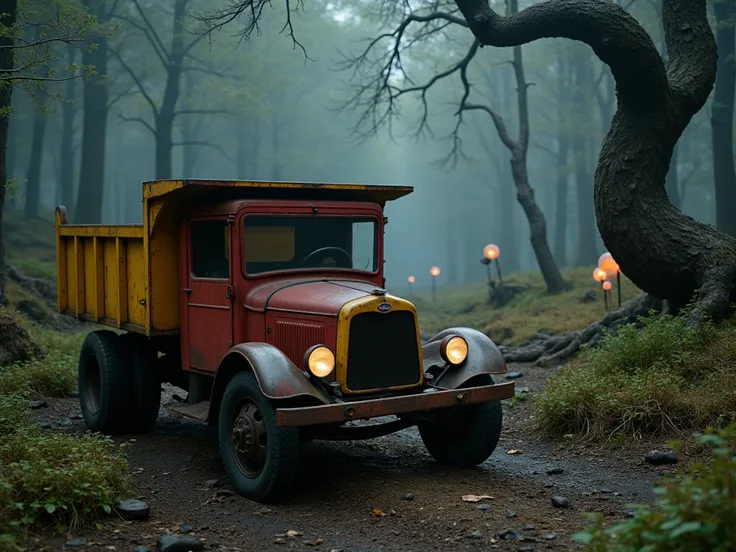 IMG_7721.CR2: (1930s Wyandotte dump truck), ((vintage red and yellow metal)), (weathered and rusty), ((ultra-detailed, 8k quality)), (top quality), (best composition), (high resolution), positioned in a dark, surreal forest where (eerie sci-fi lights) glow...