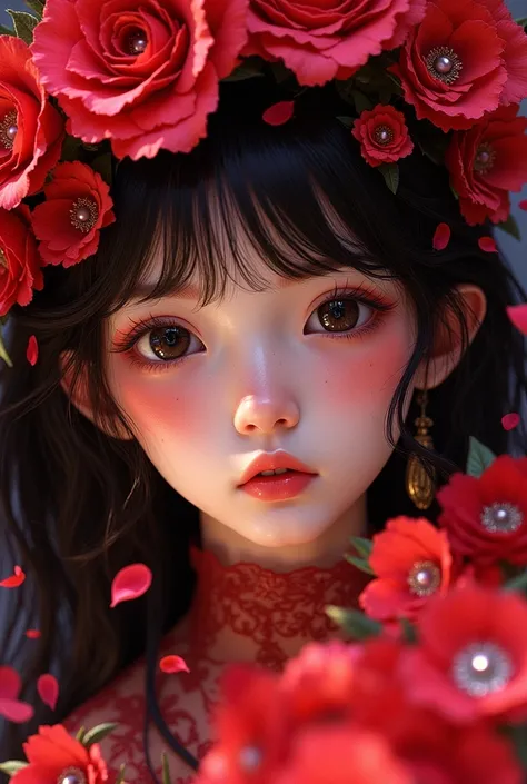 masterpiece, luminism, cinematic, cute close up girl, oil painting, heavy strokes, paint dripping Symphony Crimson strands dance with rose petals With airy ease and a celestial aura, A vision in hues, a canvas of art A portrait of elegance, a symphony of h...