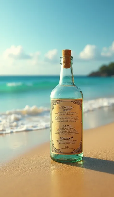 A bottle with a menu on the beach without people. 