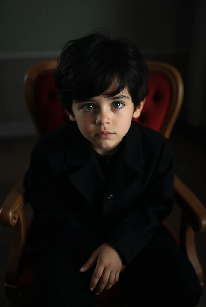 Cinematic portrait of a boy seated in a chair,  Detailed Facial Features ,  green eyes ,  long eyelashes, elegant black clothes,  dramatic lighting , dark moody atmosphere, chiaroscuro effect,  film composition , arte digital,  hyperrealistic, octano rende...