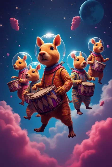 Capybaras in space in astronaut suit , psychedelic style, colorful,  the 6 capybaras are playing drums while floatong; Candombe carnival rioplatense durms