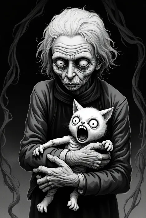  create an anime-style Shounen image for Mrs. Hannah is an elderly lady and her kitten Granada, Horror manga style Junji Ito , black and white