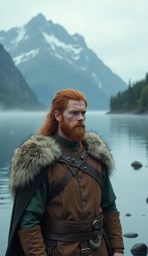 Young Eric the Red, redhead, standing by a wooden Viking longship on the shores of a fjord, looking at the vast ocean with a contemplative expression, dressed in simple Viking clothing, leather tunic, small fur cloak, early morning light with mist on the w...