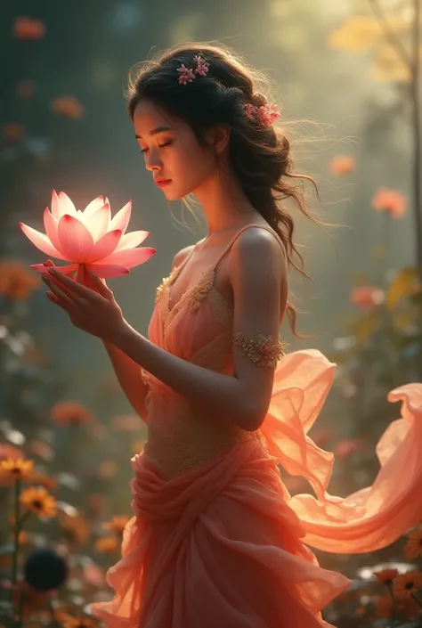 Beautiful young beauty: An apsaras holding a lotus flower in her hand. This image is in 3D dimension, HDR 1.5, Masterpiece, 8 K ULTRA Full HD resolution, Dramatic, Vibrant, Detailing, 100% Originality, Cinematic Lighting, SRGB Color Mode, Digital Painting ...