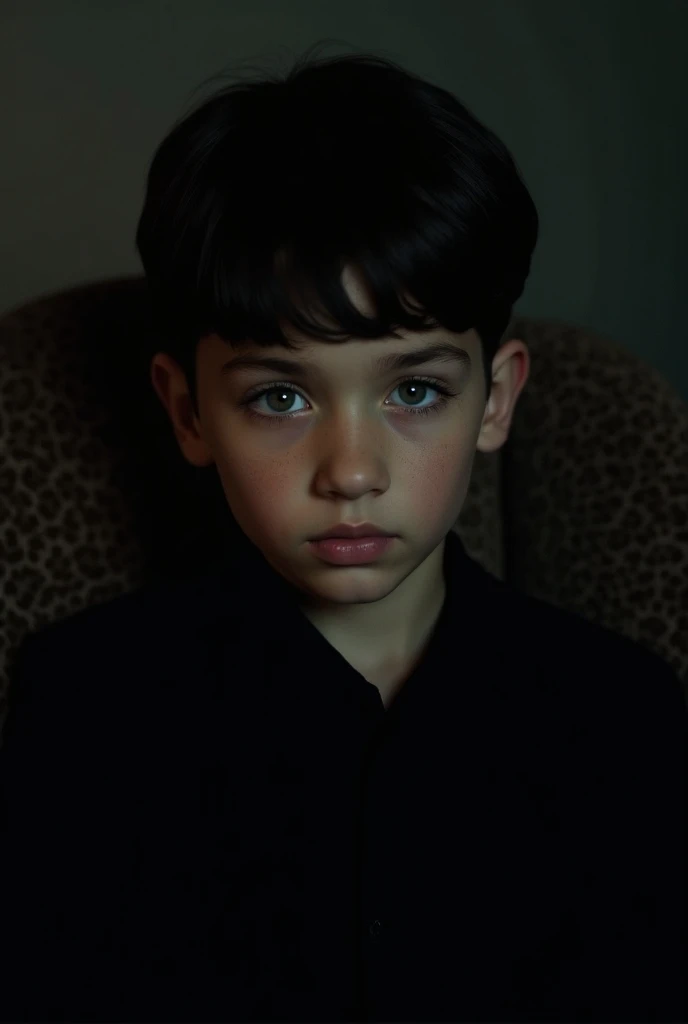 Cinematic portrait of a boy seated in a chair,  Detailed Facial Features ,  Grey eyes,  long eyelashes, elegant black clothes,  dramatic lighting , dark moody atmosphere, chiaroscuro effect,  film composition , arte digital,  hyperrealistic, octano render,...