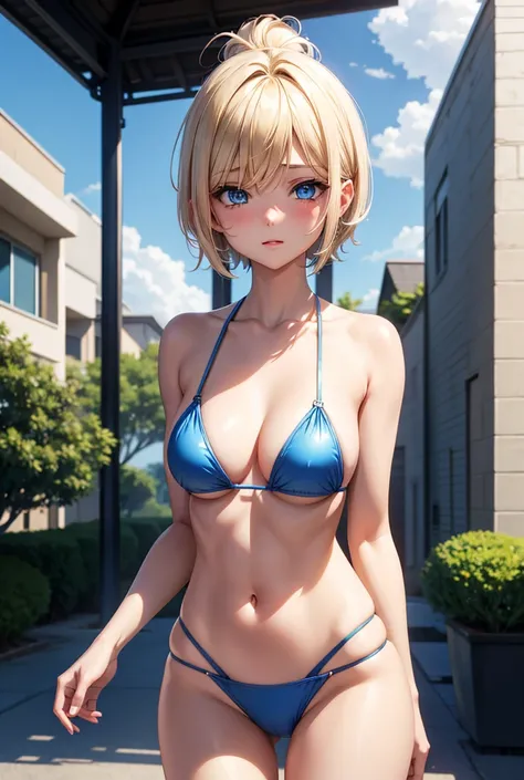  shortcut ,  blue eyes,Blonde,  bangs between eyes, Smaller breasts, metallic blue micro bikini, Short Hair, Blushing , T-back ,  high resolution on down,anime, 2 girls