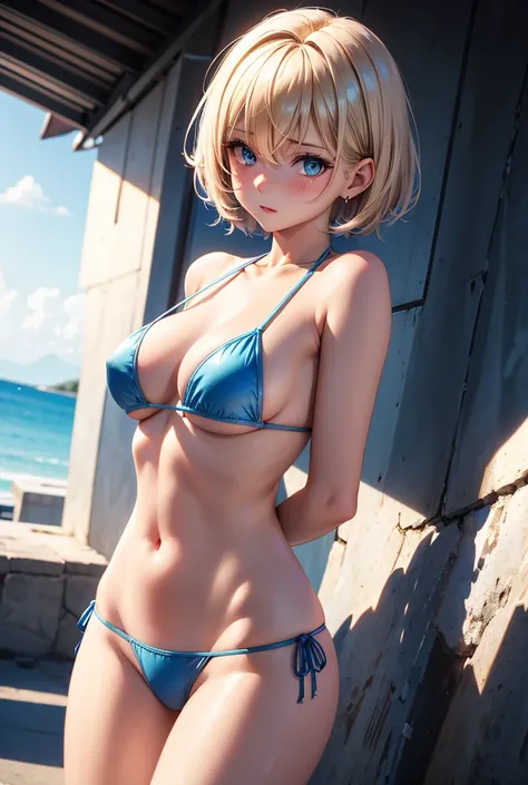  shortcut ,  blue eyes,Blonde,  bangs between eyes, Smaller breasts, metallic blue micro bikini, Short Hair, Blushing , T-back ,  high resolution on down,anime, 2 girls