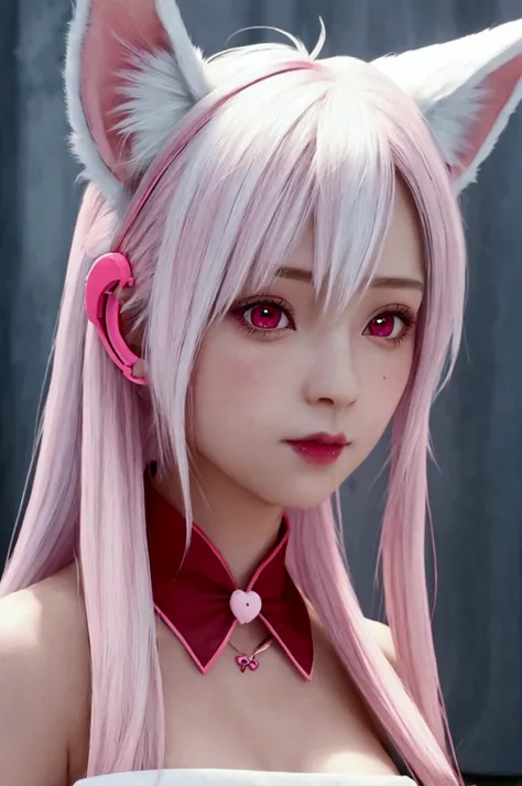 cute girl, wearing fox ear headband, pink and white hair , full image, clear view, black and red eyes