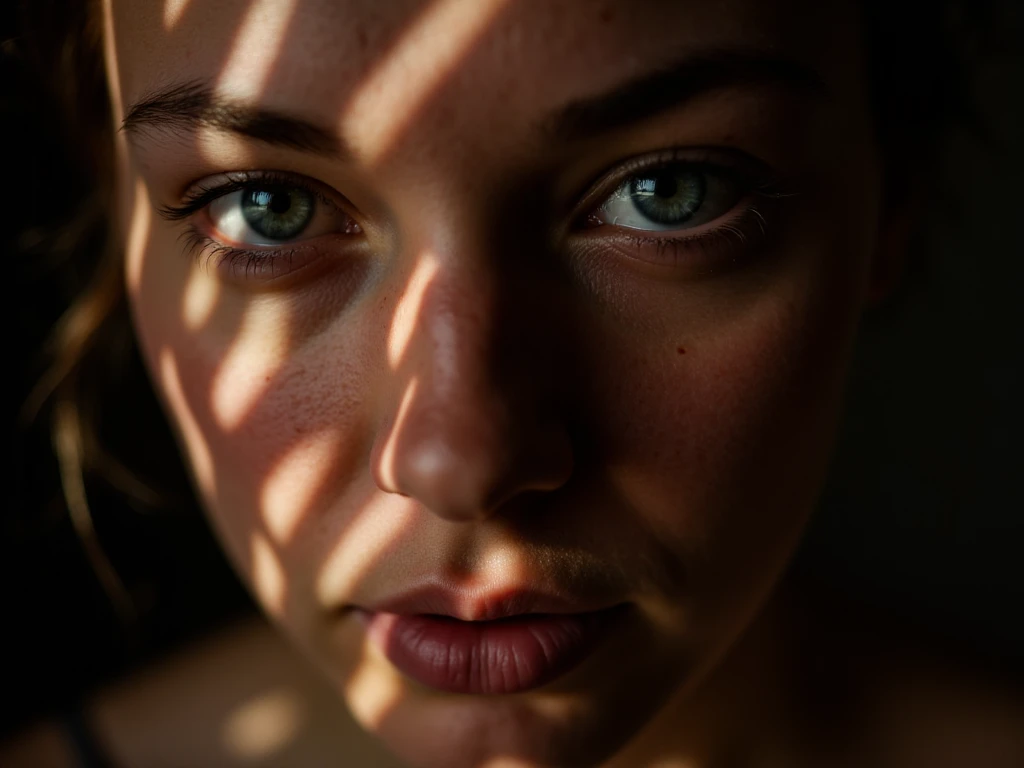 A photo of a (face bathed in patterned light:1.3), (speckled shadows:1.2), (captivating gaze:1.1), (contrast of light and texture:1.2), artistic interplay, (sharp luminous streaks:1.1), (detailed iris:1.1), Sony α7R IV, 1/320s, f/2.8, ISO 400, (enigmatic e...