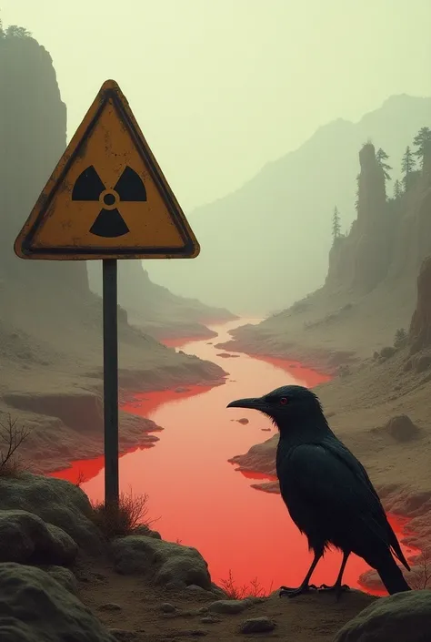 A sign with a radiation sign , in front of that plate , Theres a red river and a bird on the ground looking at that red river