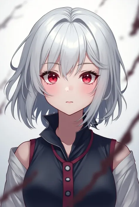  image of an anime character with white hair, red eyes, age 18 years, medium hair .