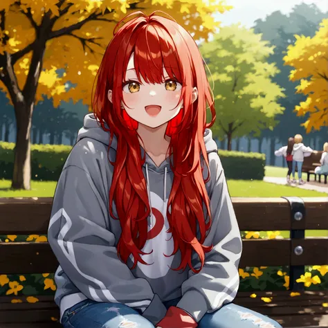  young girl  + red-haired + straight hair to shoulder blades  +  background + Grey hoodie + jeans +  white sneakers  +  girl sitting on a bench