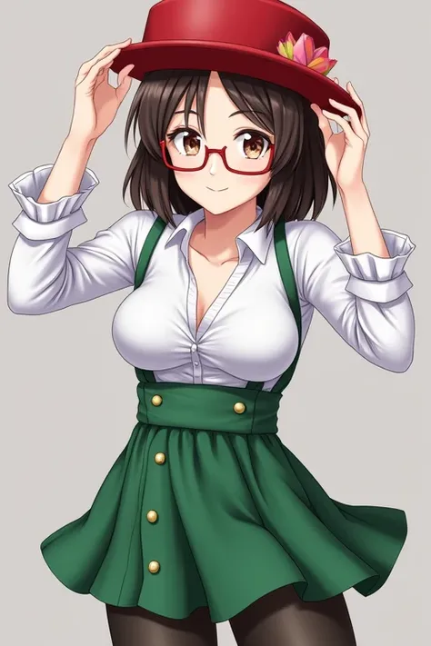 ((masterpiece,  best quality )), Aston Machan (Uma Musume),, smile,  Big breasts ,  upper body , , long sleeves, white shirt, ruffles, green skirt, button, black tights, suspender, , with glasses,  red-framed glasses, Red Hat Crown, , crazy eyes, shining e...