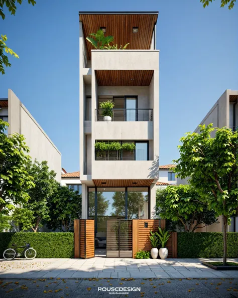 this image showcases a modern, no roof, gray mable front 1st floor, narrow townhouse featuring a contemporary and minimalist des...