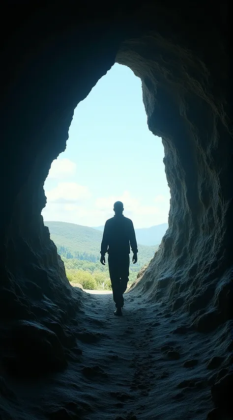 Front view of a person coming out of a dark cave